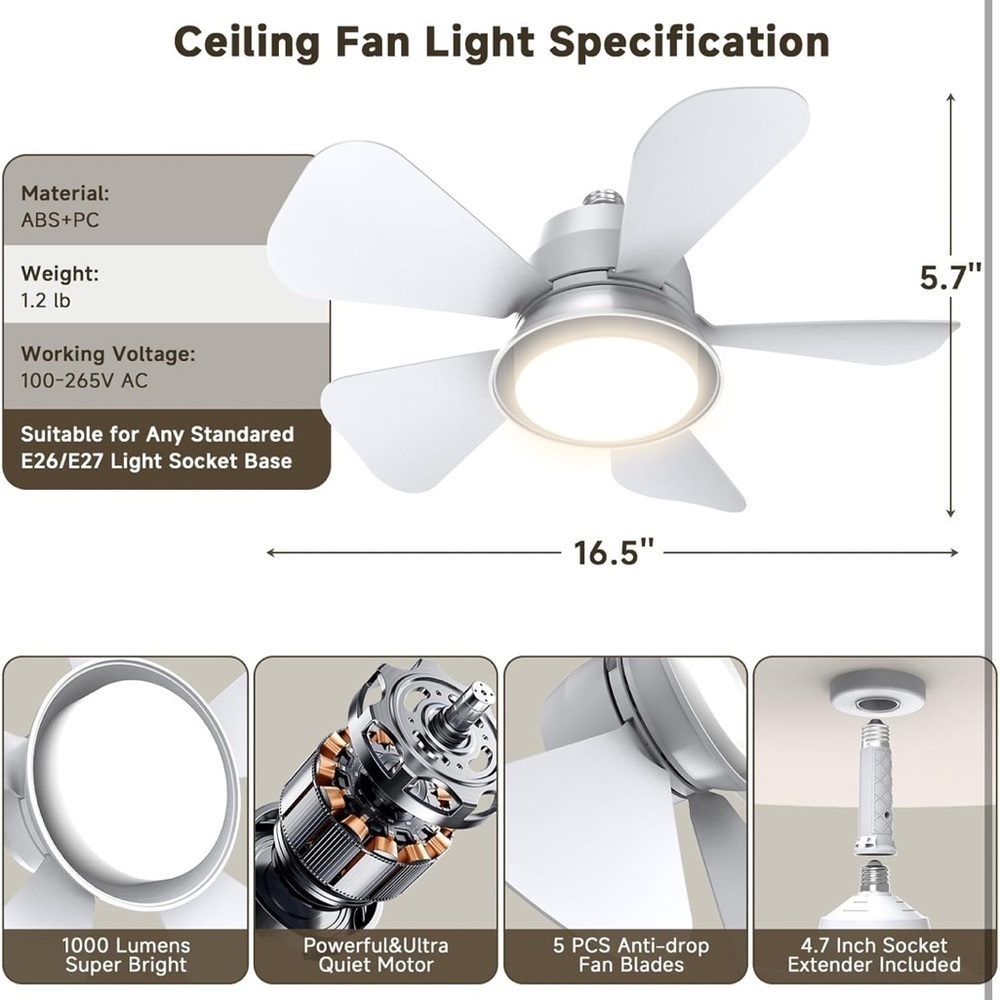 Brand New Socket Ceiling Fan 3-Color LED Light Dimmable Remote Control White - Picture 6 of 16